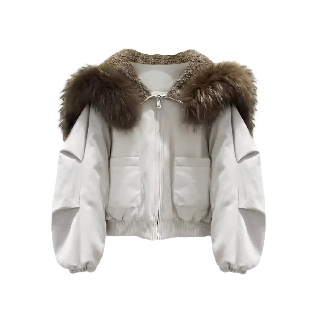 AW251182秋冬可拆卸毛领麂皮绒短款鹅绒服羽绒服