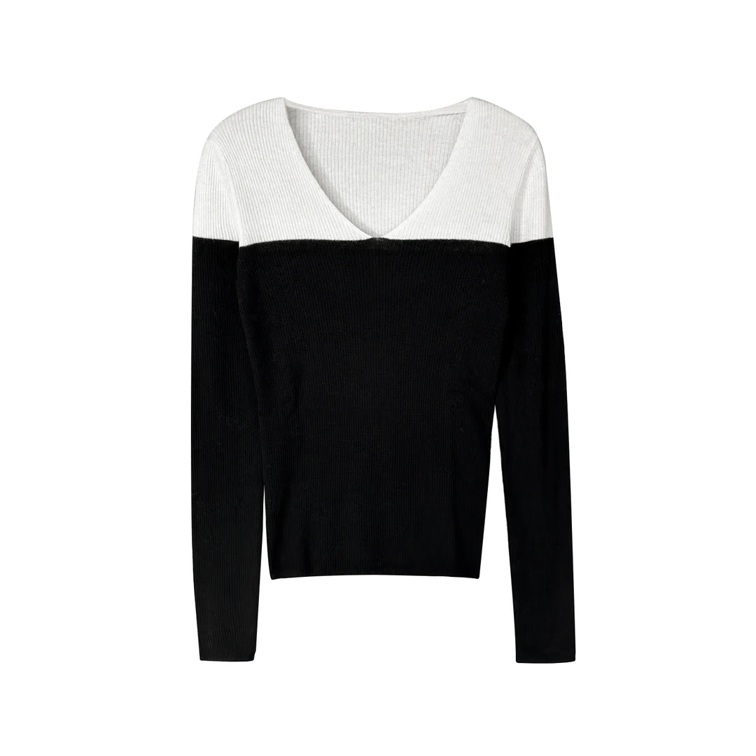 RainieQing【经典赛琳】百搭v领撞色黑白经典毛衫打底