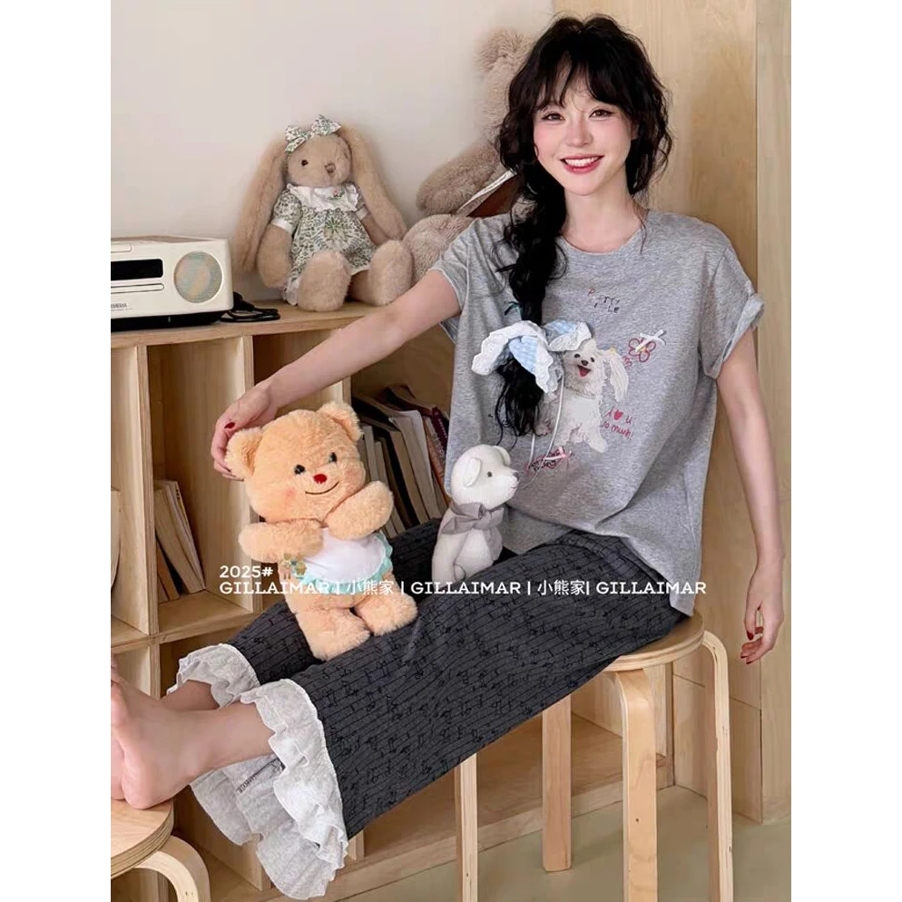 小熊同款家居服2025年新款甜美花边条纹可爱卡通小狗睡衣套装女夏