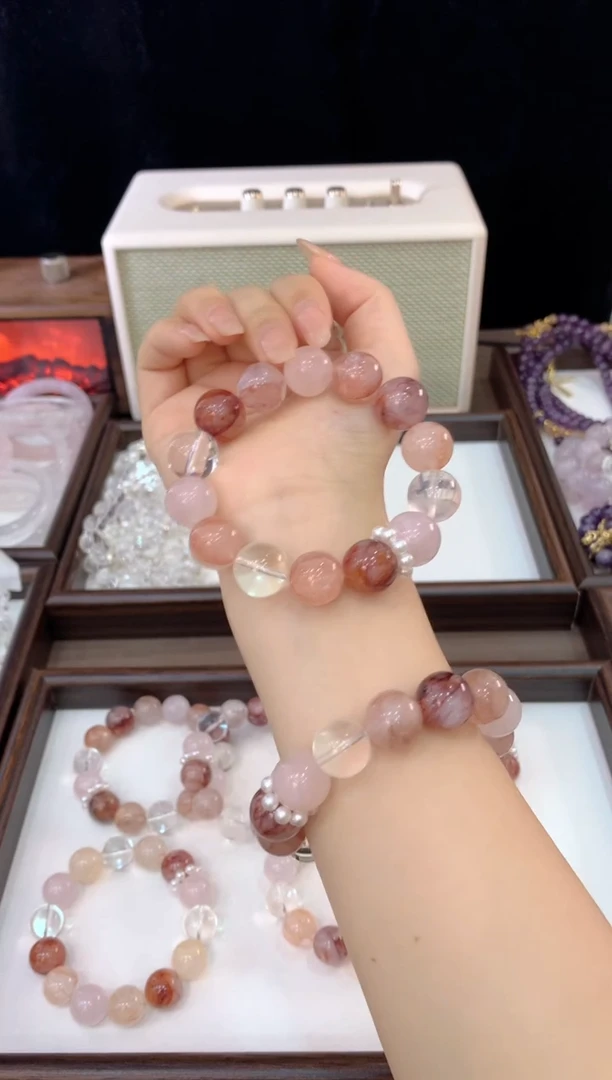 未镶嵌手链水晶桃禧 胶花莫粉白水顶贝珠环