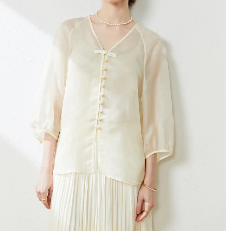 100%桑蚕丝！优雅V领真丝外搭小衫提花透气欧若风女式衬衫7016