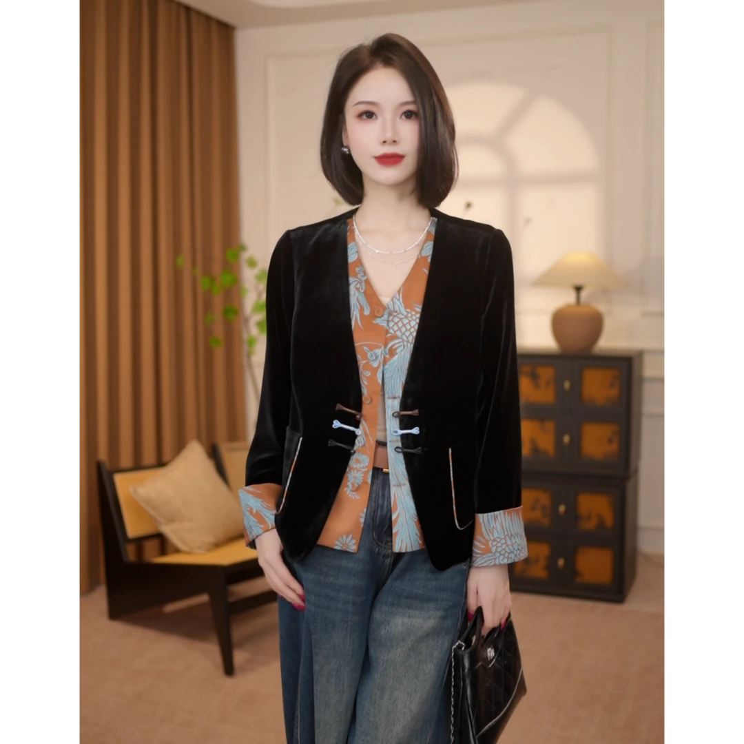 【织秋意】满分桑蚕丝丝绒上衣女秋修身新中式国风上衣MCGWT2190