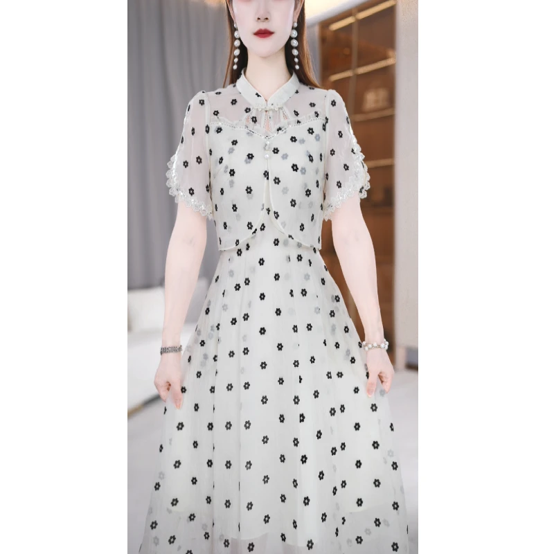 【连衣裙】夏季旗袍领时尚优雅显瘦中长款连衣裙M-4XL