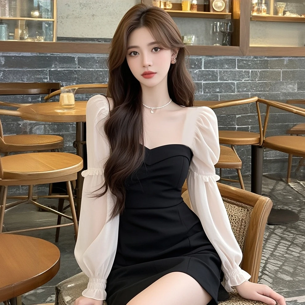 2025秋季新款撞色拼接方领连衣裙御姐风穿搭包臀裙气质显瘦裙子女