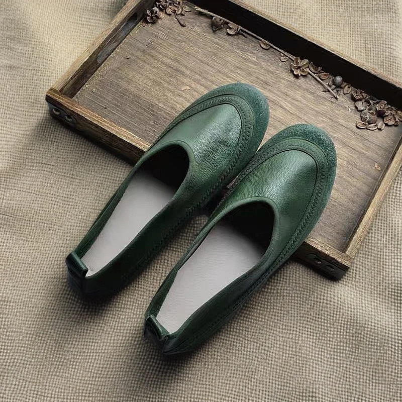 复古文艺范手工真皮女鞋磨砂牛皮拼色低跟舒适软底软面奶奶鞋