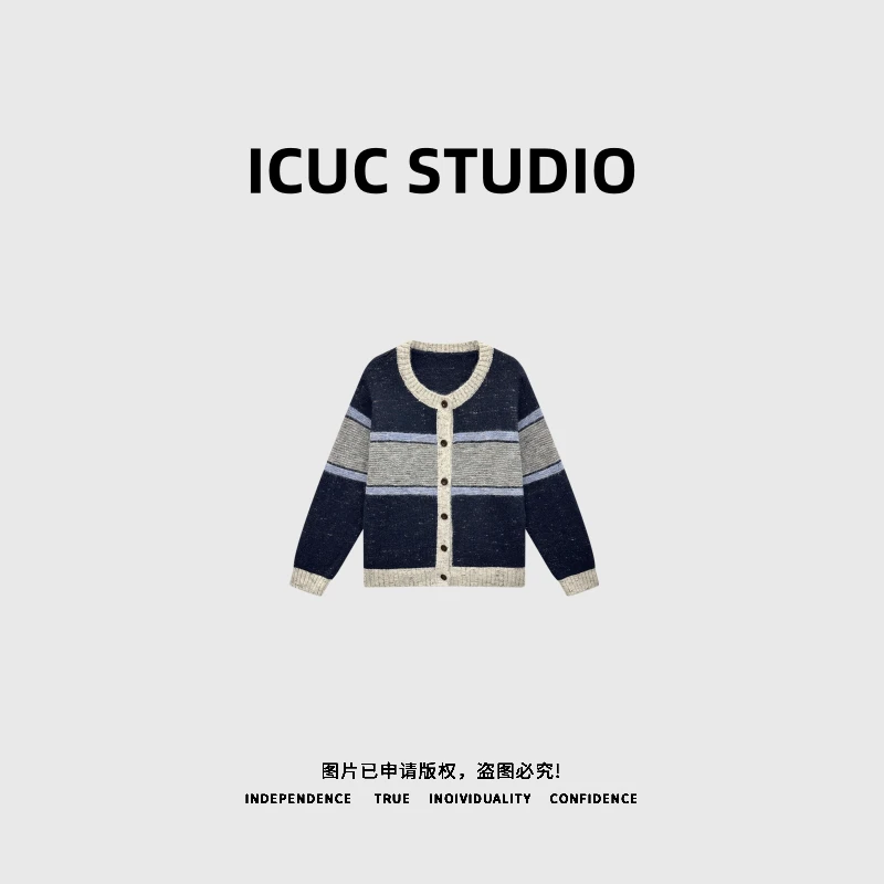 ICUC STUDIO-【拼色美学】琥珀流光风圆领开衫毛衣8919