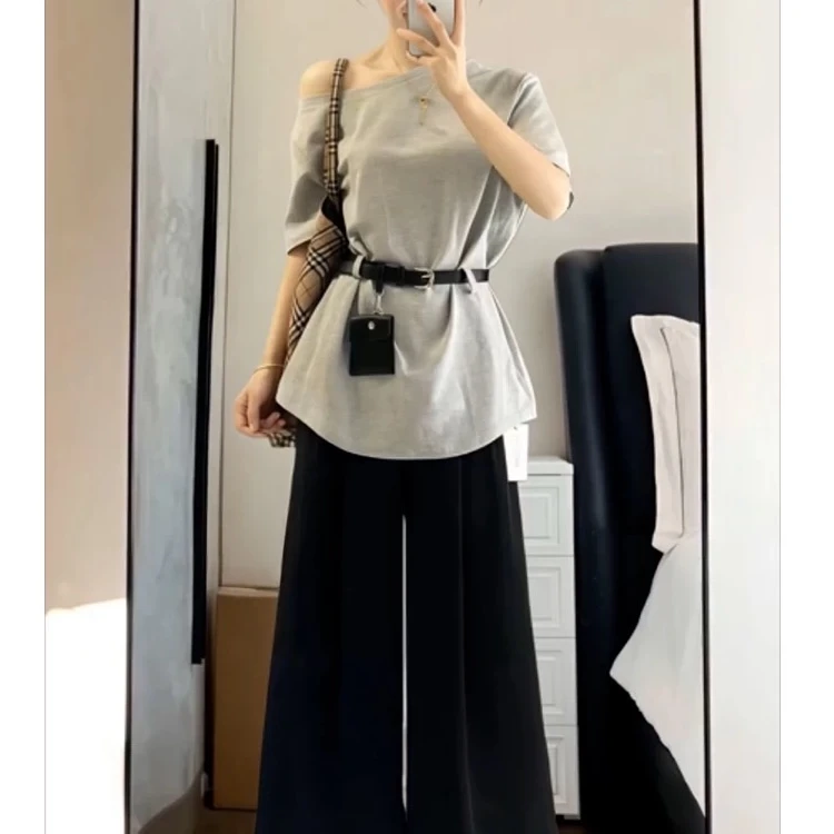 现货 大方得体盐系轻熟独特绝美T恤休闲套装（9908衣/9909裤）