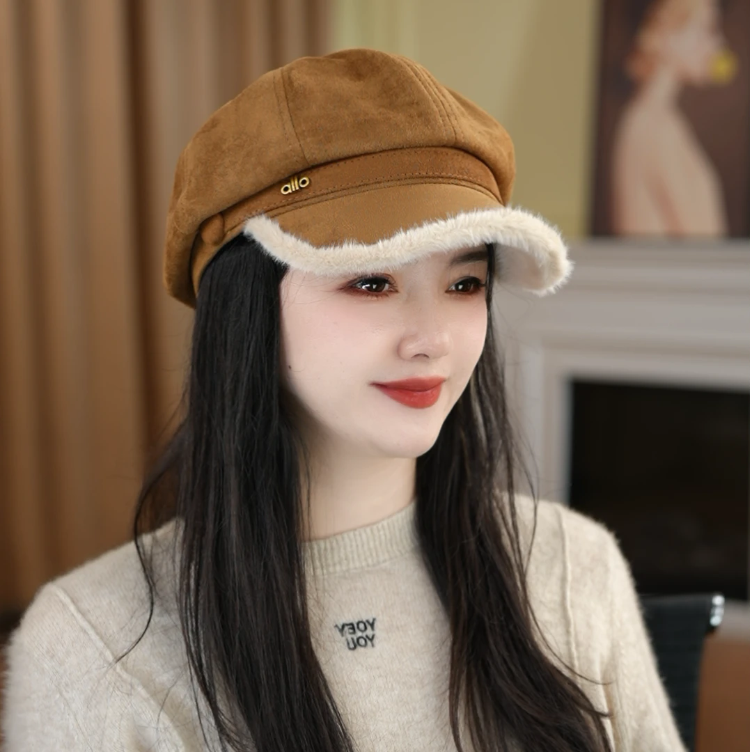 冬季女士八角帽帽子鸭舌帽秋冬休闲风日系毛绒贝雷帽百搭