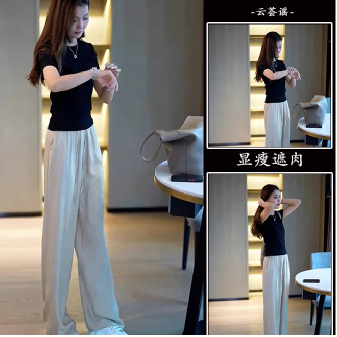 夏天穿搭一整套韩系炸街减龄小个子显瘦时尚休闲T恤阔腿裤套装女