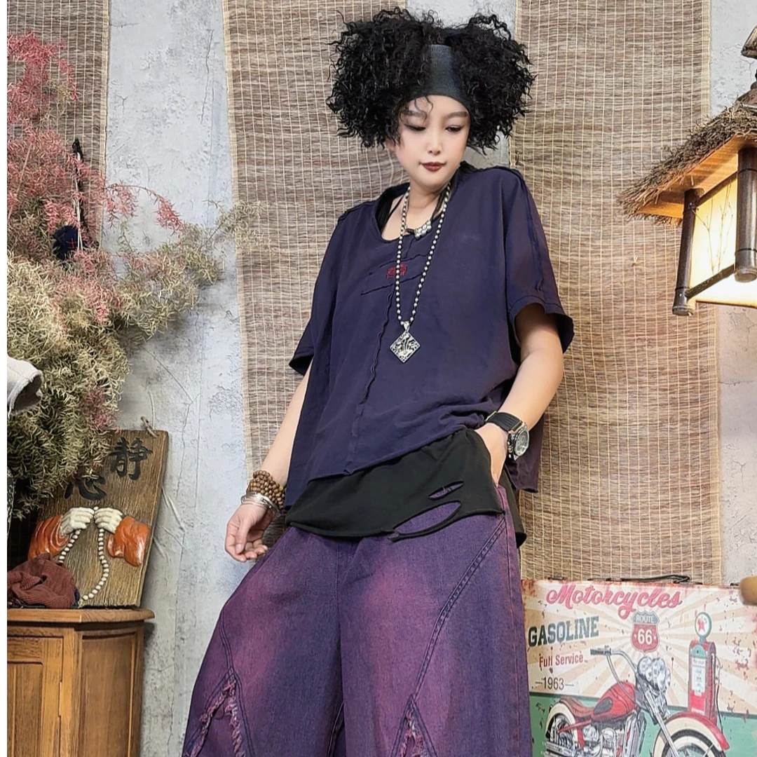 7272款夏季宽松复古洋气潮流炒色做旧针织喜字T恤【衣长58胸围140】