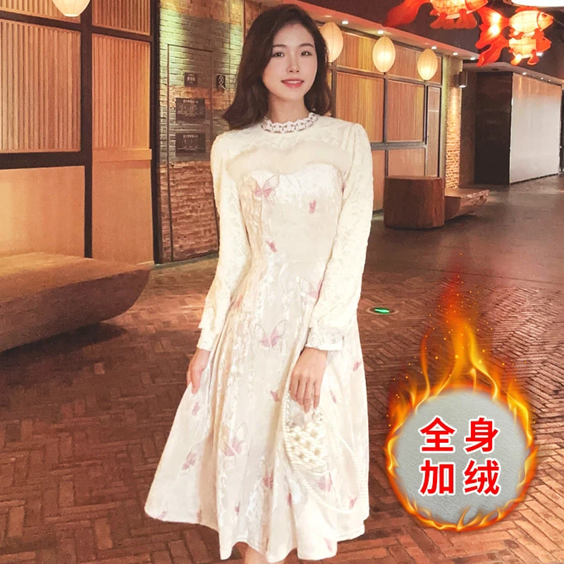 苏陌法式复古小个子高级感提花加绒加厚连衣裙女装