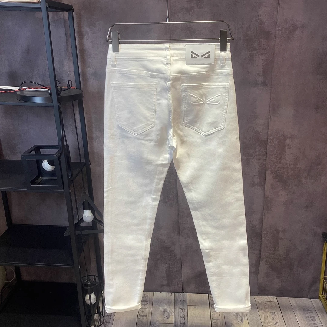 Pepp春秋欧洲站牛仔裤男修身高级设计感弹性小脚刺绣高档白长裤子