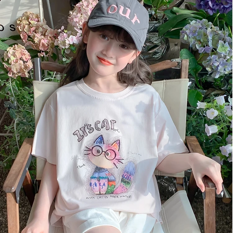 顶瓜瓜韩系新款可爱小猫印花纯棉短袖童装夏季舒适透气百搭T恤衫