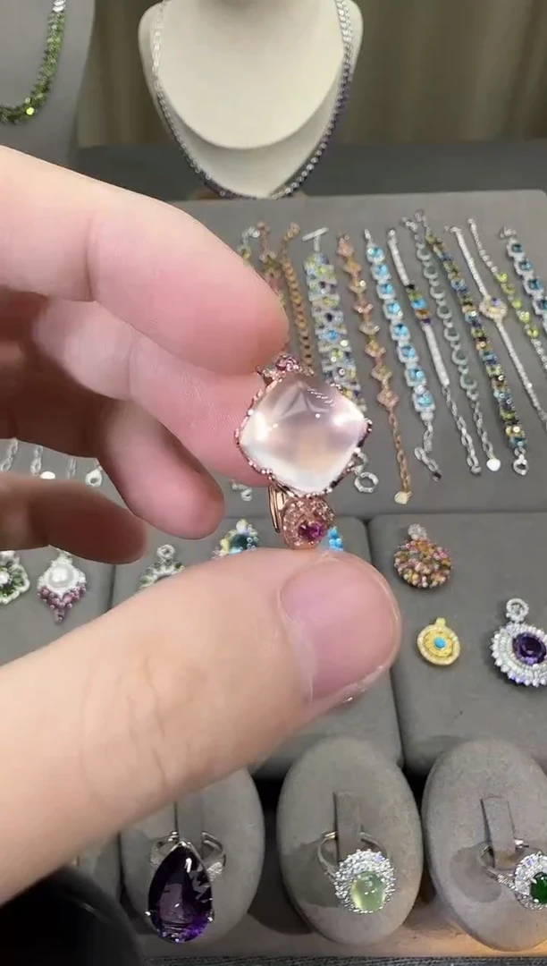 银S925镶嵌戒指芙蓉石11mm戒指星光粉水晶