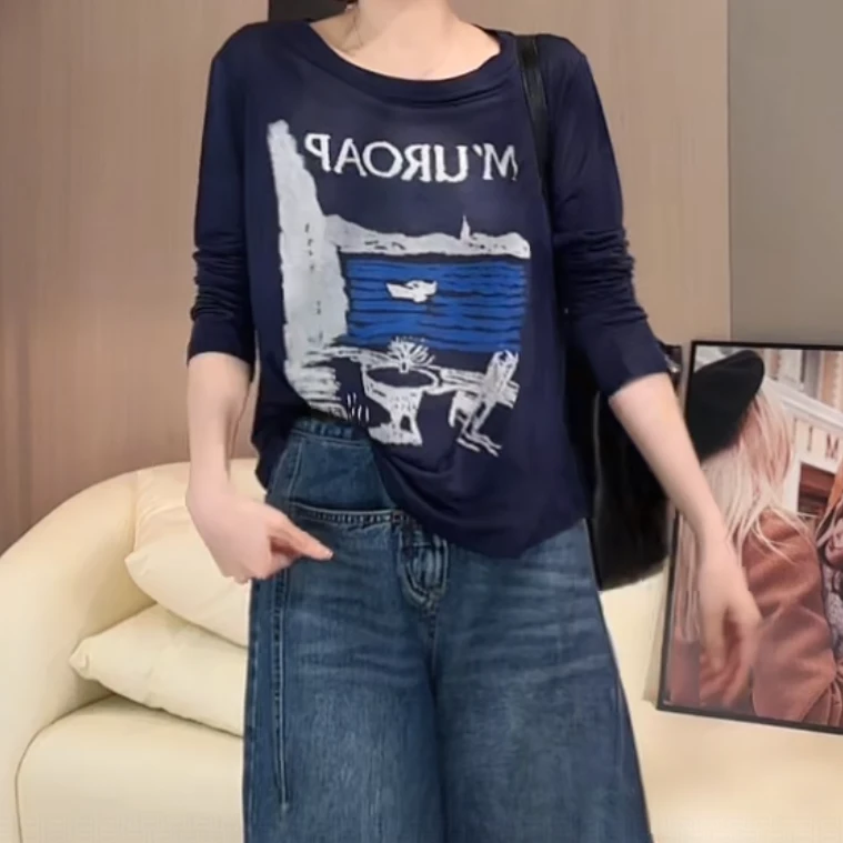 设计感时尚慵懒宽松印花长袖衫女2025夏季新款重工百搭通勤上衣