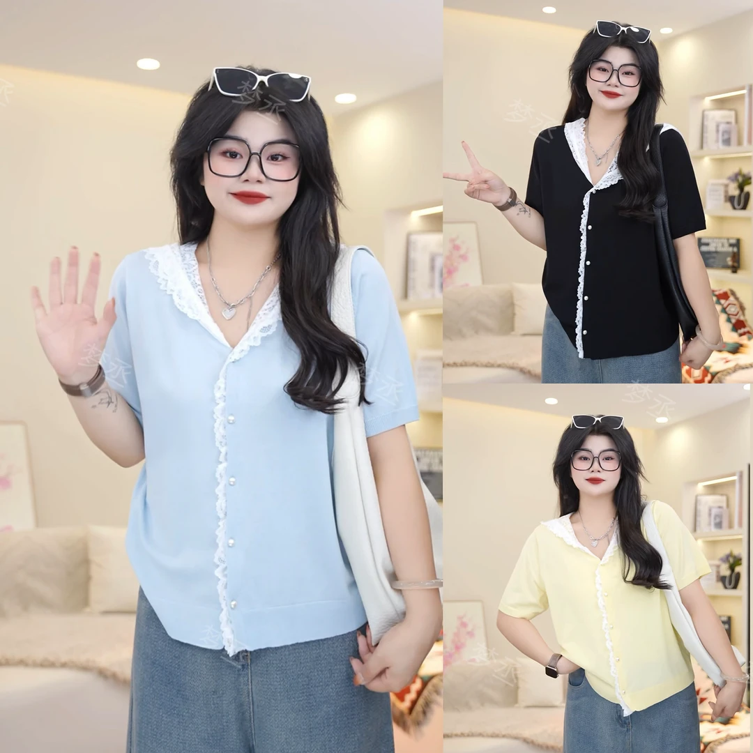 梦丞【梦境信笺】大码女装V领拼接花边针织上衣宽松显瘦减龄短袖T恤