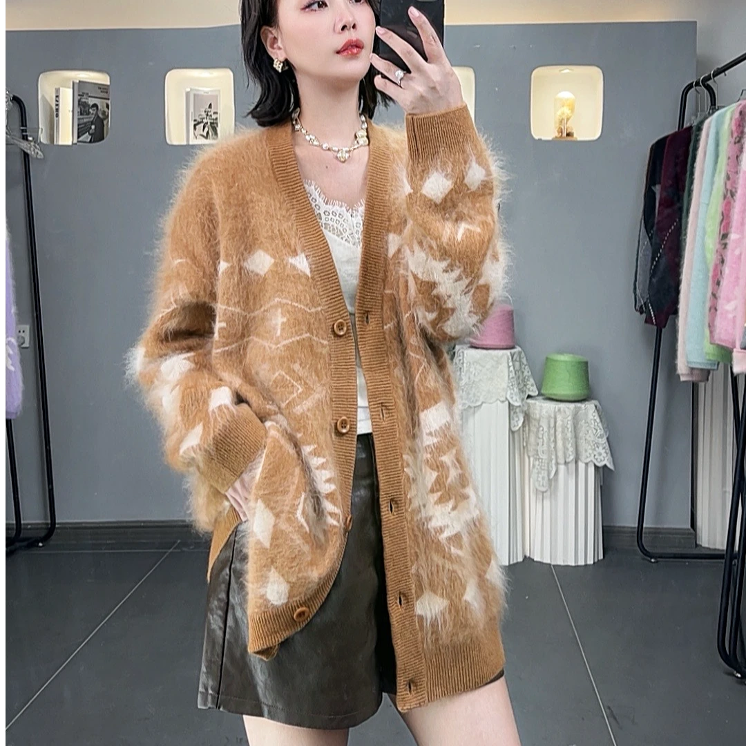【暖域菱光】山羊绒拉绒费尔岛V领针织衫开衫网红洋气炸街女装6623