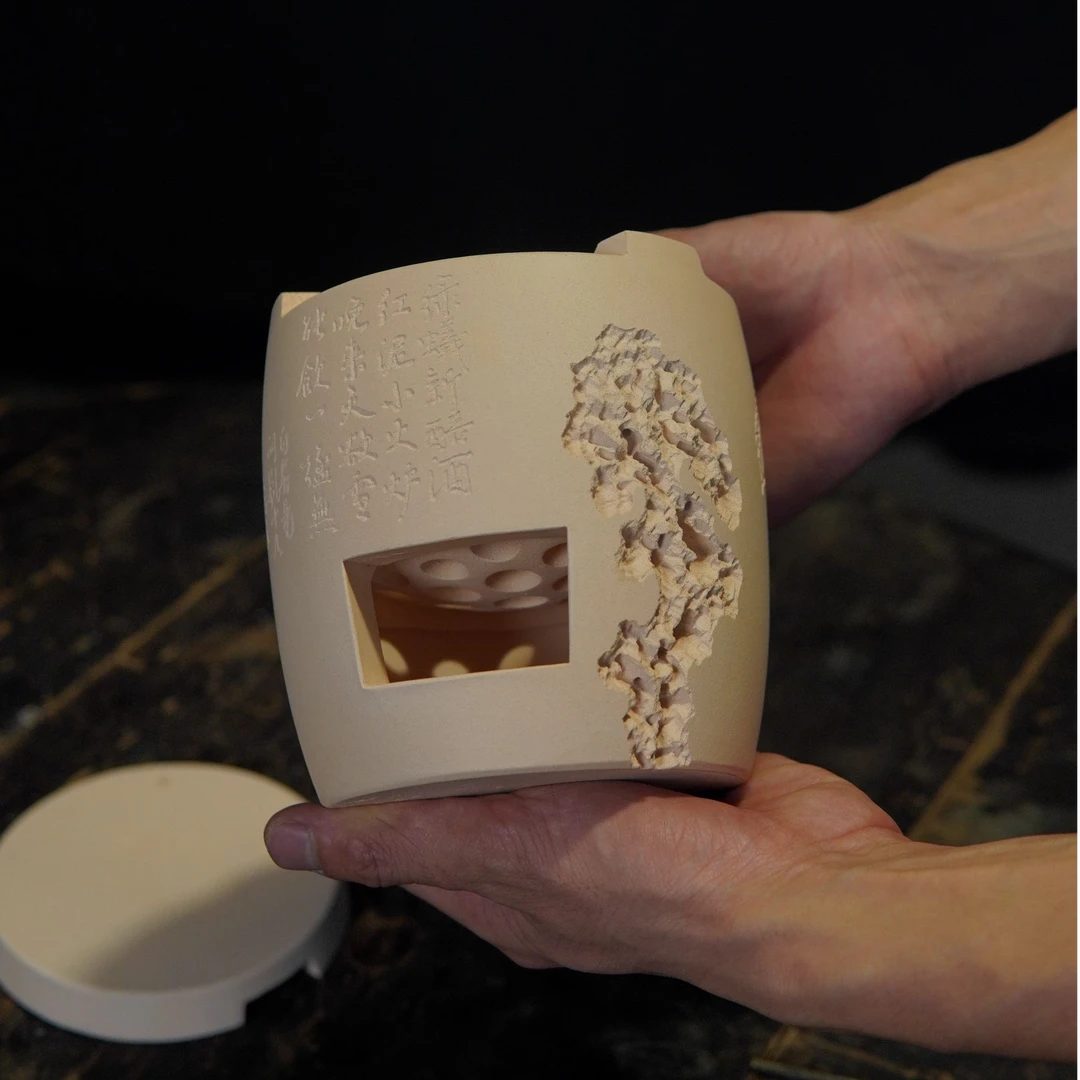 纯手工大号白泥小炉重工刻绘功夫炭炉带盖子炉门