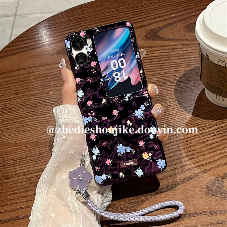 适用oppofindn2flip手机壳折叠屏n2flip高级小众时尚褶皱花朵链条