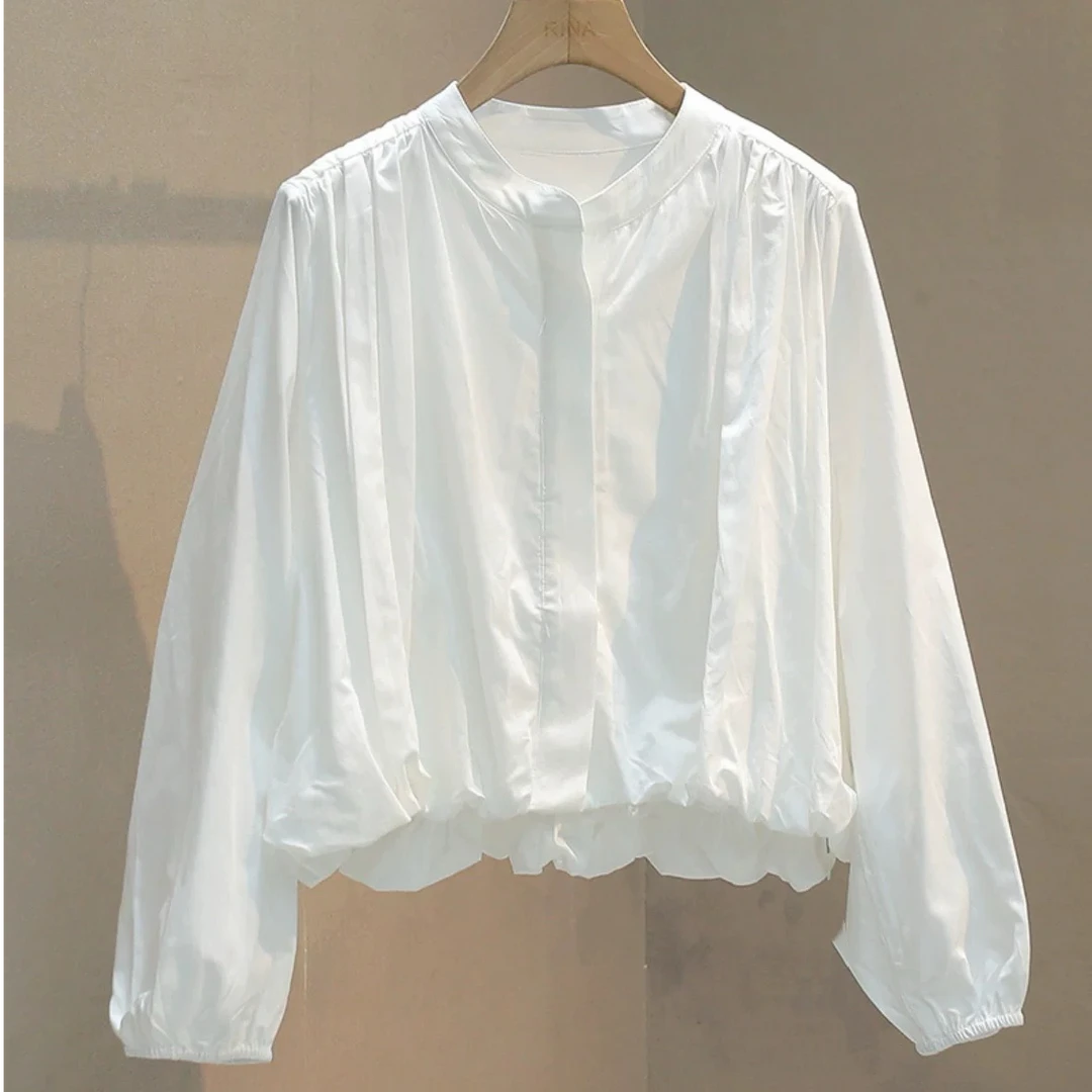 白色衬衫女2025春季韩版设计感小众褶皱泡泡袖时尚洋气短款开衫