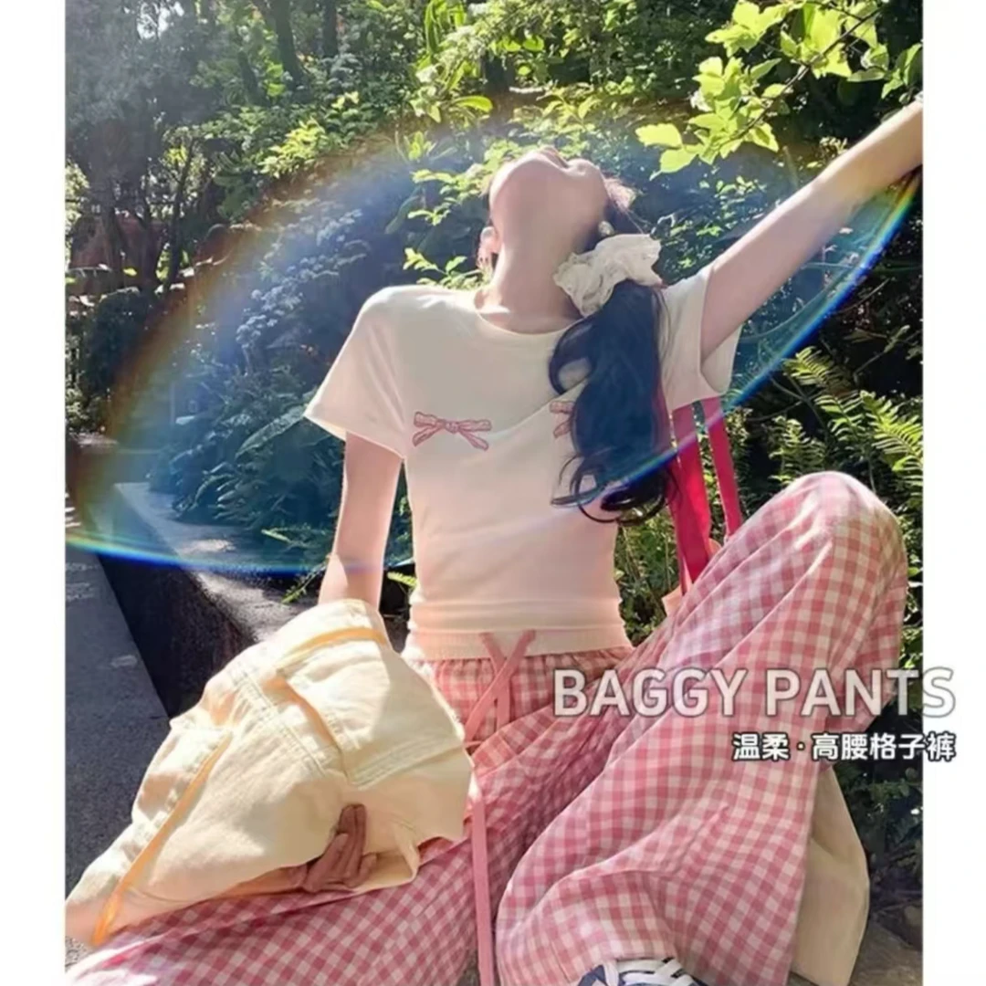 【运费险】粉白撞色格子裤女25显瘦宽松抽绳休闲ins高腰垂感拖地裤