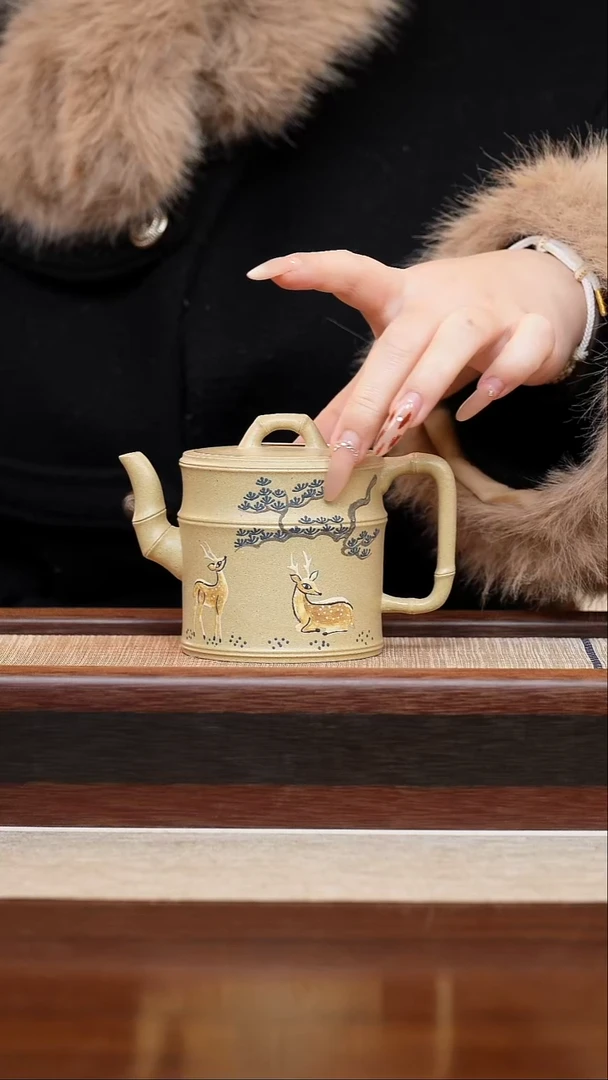 白段泥绘竹段200cc宜兴手工紫砂壶