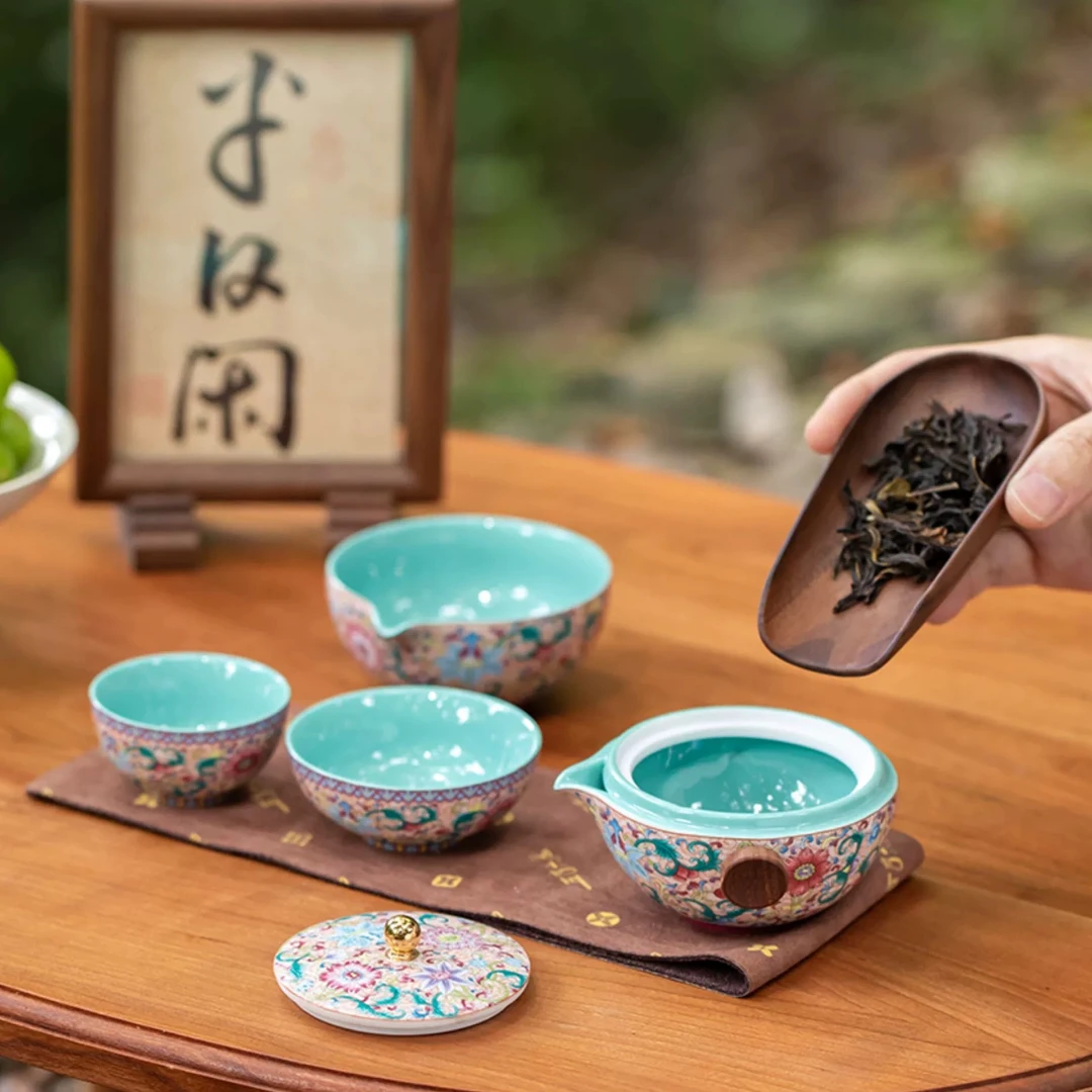 五言六器花开盛世团圆快客珐琅彩旅行茶户外便携收纳包袋  cc9565