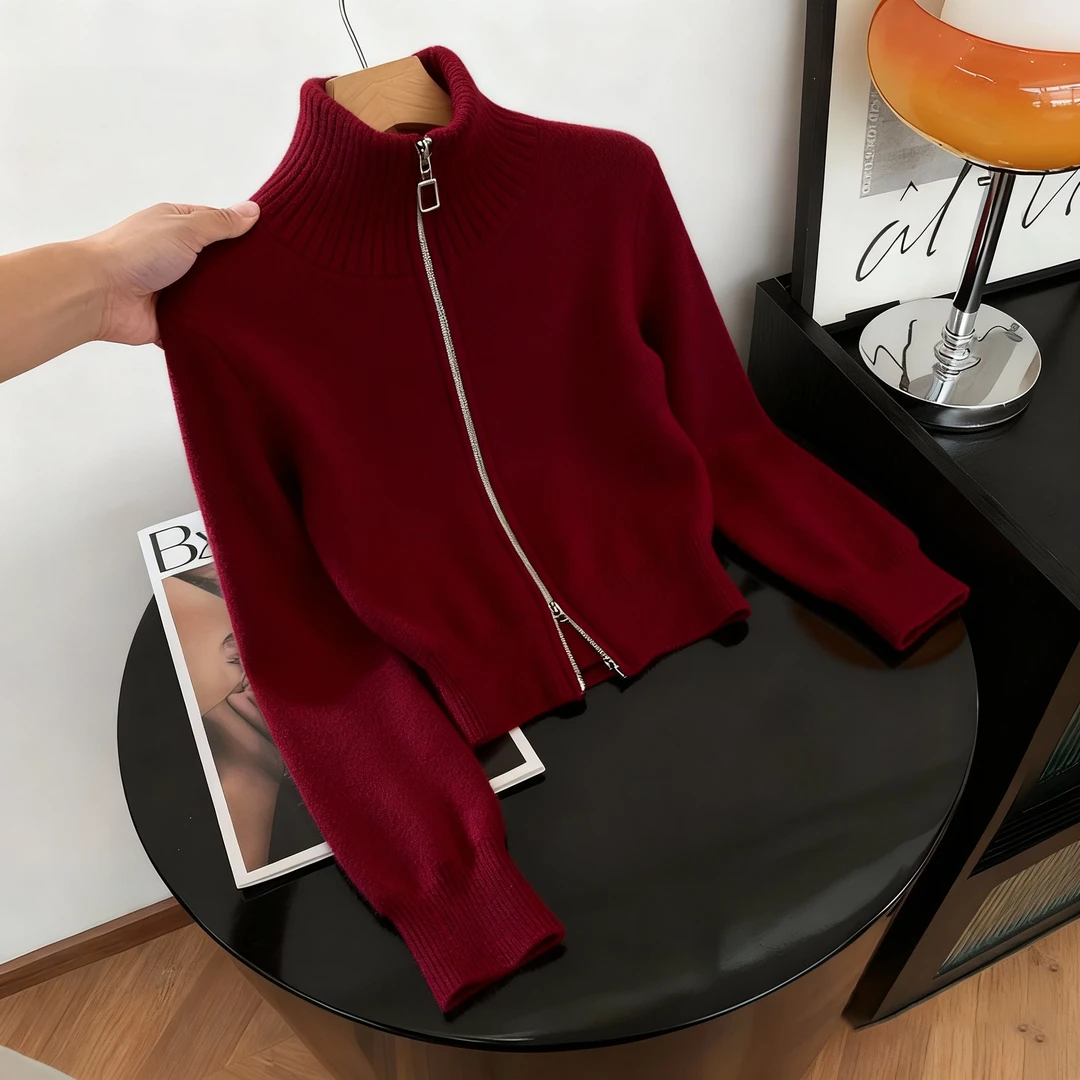 2025新款秋季穿搭立领长袖针织衫女慵懒风时尚拉链开衫上衣外套