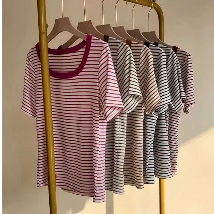 【三言优选】条纹短袖T恤女2025夏季新款修身显瘦圆领上衣冰丝0286