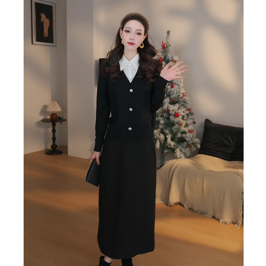 【曼贝】2025针织衫女套头小众气质假两件长袖毛衣打底衫8444459