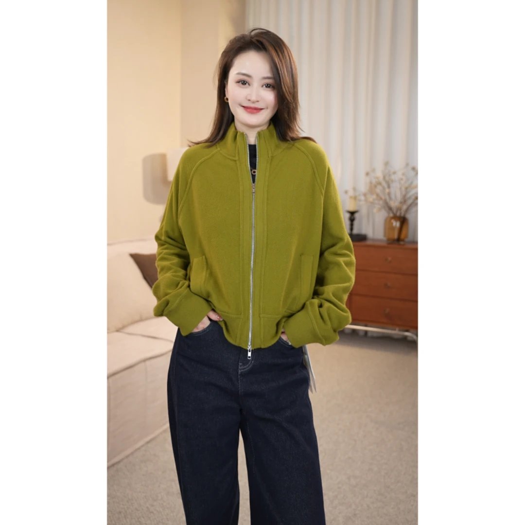 短款时尚纯色气质春秋半高领羊毛拉链开衫F034-YC134