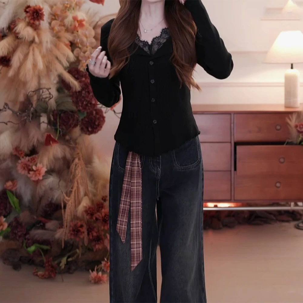 法式木耳边翻领女秋季新款小香风长袖上衣T恤C6475