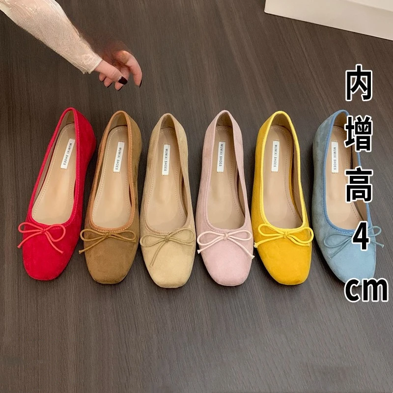 三福内增高绒面芭蕾单鞋女2025春季新款蝴蝶结晚晚鞋浅口瓢鞋女鞋