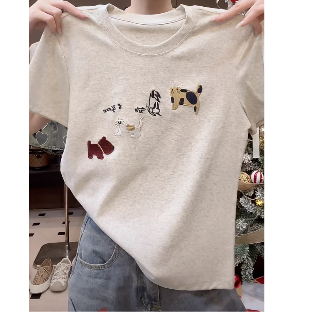 卡通趣味小狗T恤时尚重工刺绣短袖休闲上衣12893