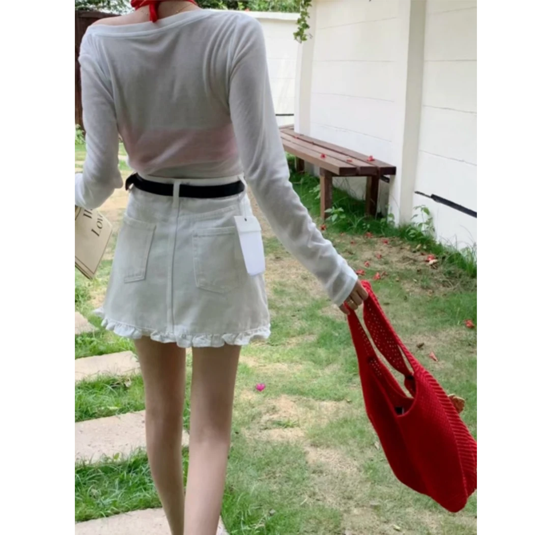 2025年夏季新款韩系高腰牛仔裙百搭时尚木耳边A字防走光半身短裙