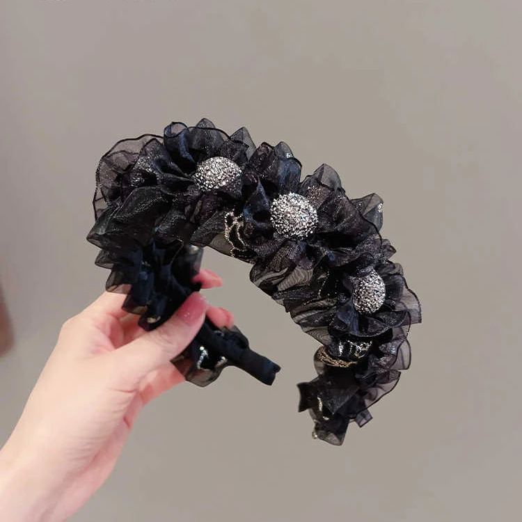 高颅顶蓬松黑色网红褶皱发箍百搭闪钻发夹高级感显脸小头箍发卡