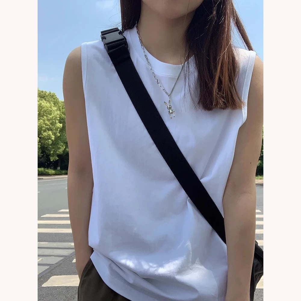 纯色棉质运动背心夏女白色重磅薄款上衣宽松无袖Tee恤吊带打底衫