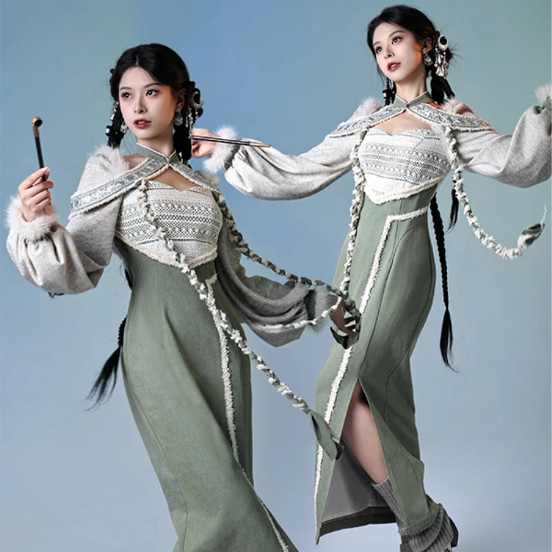 四斤自制 《银铃曲》原创牛仔针织旷野感民族风甜酷秋冬旗袍连衣裙