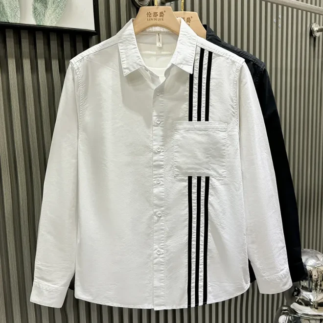 轻奢日系条纹长袖衬衫男士秋款时尚个性休闲百搭文艺宽松翻领衬衣