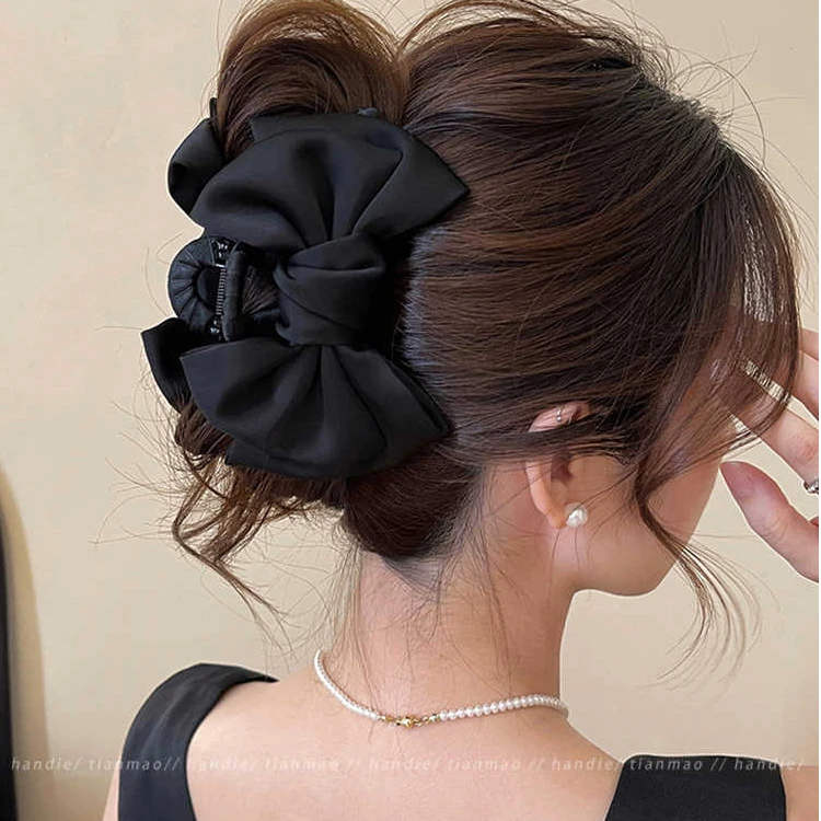 气质高级感大号缎面蝴蝶结发夹女发量多后脑勺盘发抓夹鲨鱼夹头饰