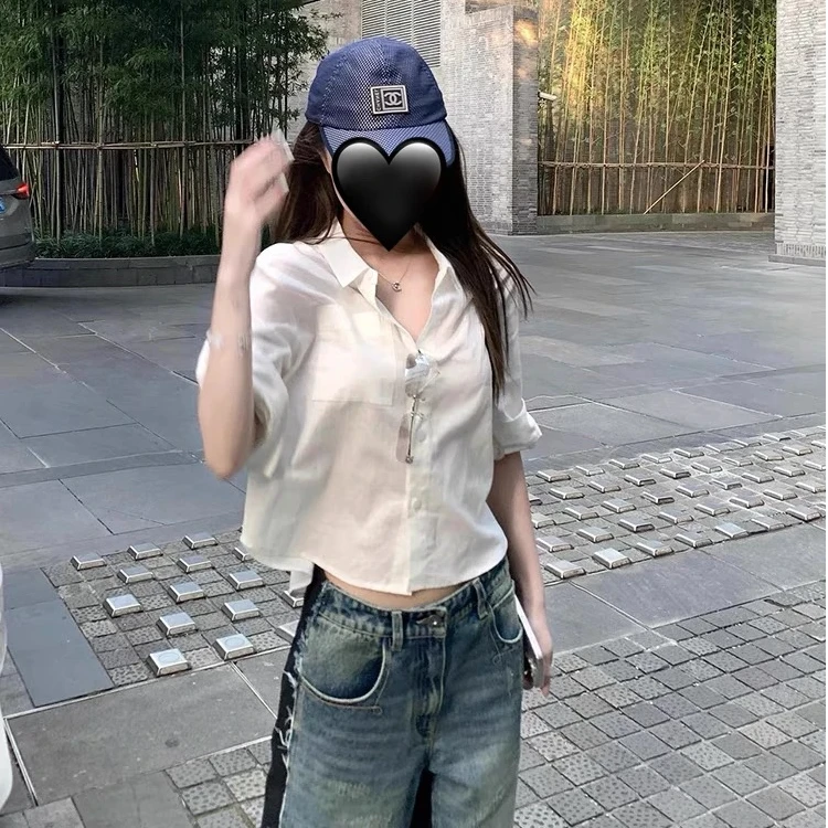 甜粿妹妹 自洽简廓 立体卷边袖小短款夏季新款短袖休闲甜酷衬衫