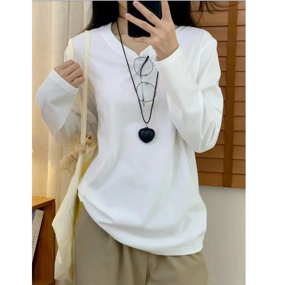 中长款轻职风长袖T恤宽松打底衫简约百搭长款ins休闲长袖打底