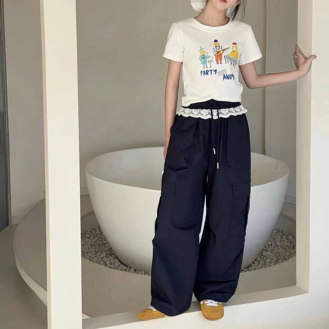 熙爱2025春夏新品中大女童甜酷风蕾丝花边口袋休闲工装裤25965