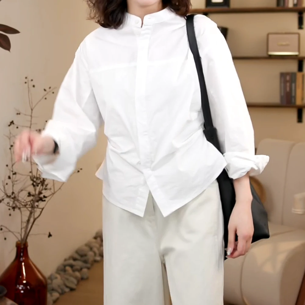 2025早春文艺风设计感捏褶圆领衬衫女装春季长袖内搭打底衫上衣