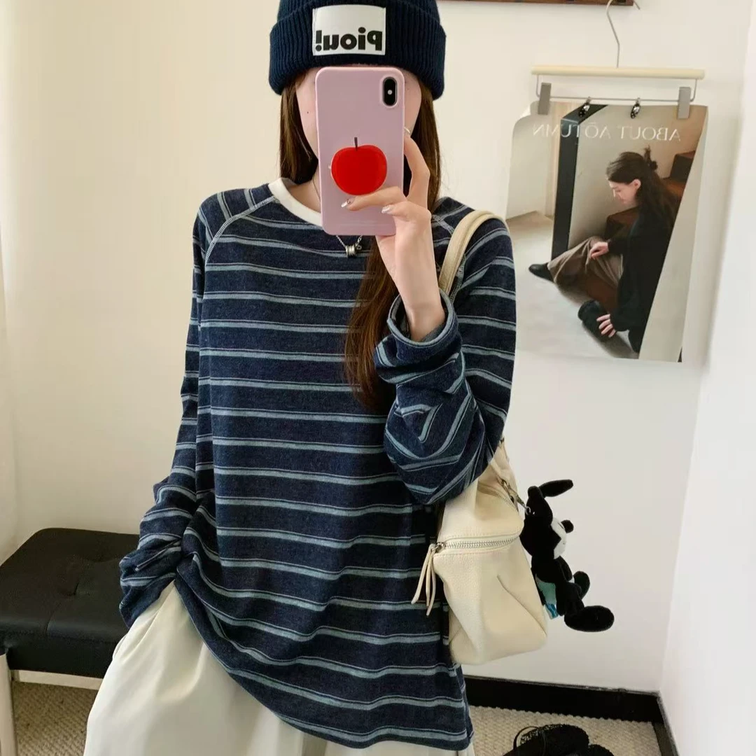 秋季新款长袖圆领条纹个性时尚大版复古潮流宽松休闲韩版打底衫
