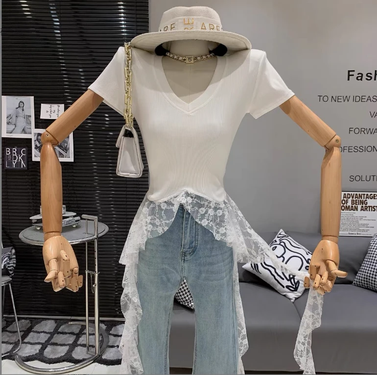 针织修身型V领修身显瘦女渐变T恤拼接辣妹蕾丝短袖