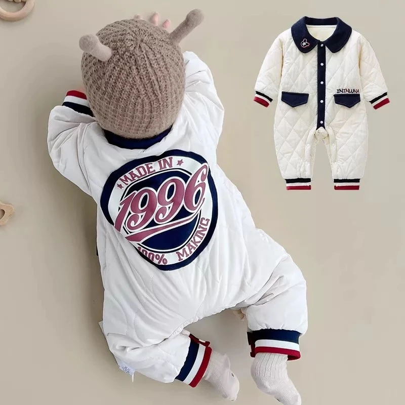 新款宝宝秋冬款男女宝宝可爱舒适翻领双兜1996外出服婴幼儿连体衣