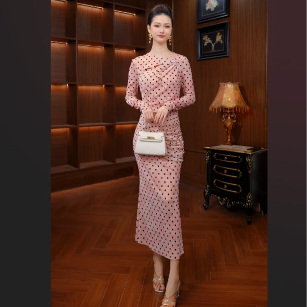 秋冬修身气质显瘦长袖复古优雅波点女装连衣裙31372