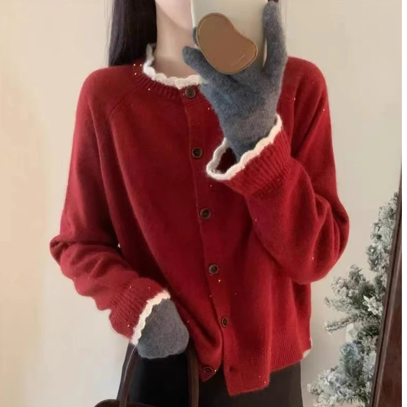 时尚甜美花边领法式高闪闪针织衫2024秋冬季洋撞色毛衣套潮圆领