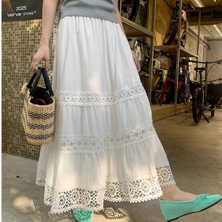 ES.南油原创法式时尚夏季蕾丝拼接大摆裙半身裙高腰显瘦气质白色